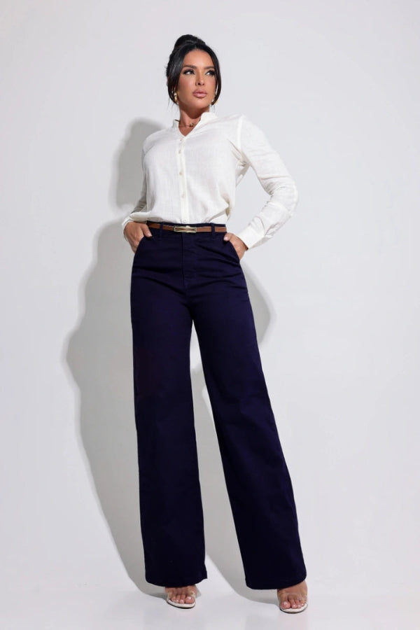 Calça Wide Leg com Cinto Azul Magnífica