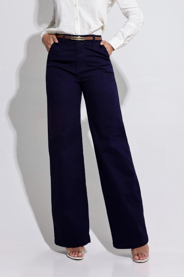 Calça Wide Leg com Cinto Azul Magnífica