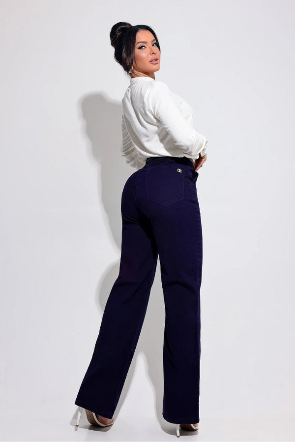 Calça Wide Leg com Cinto Azul Magnífica