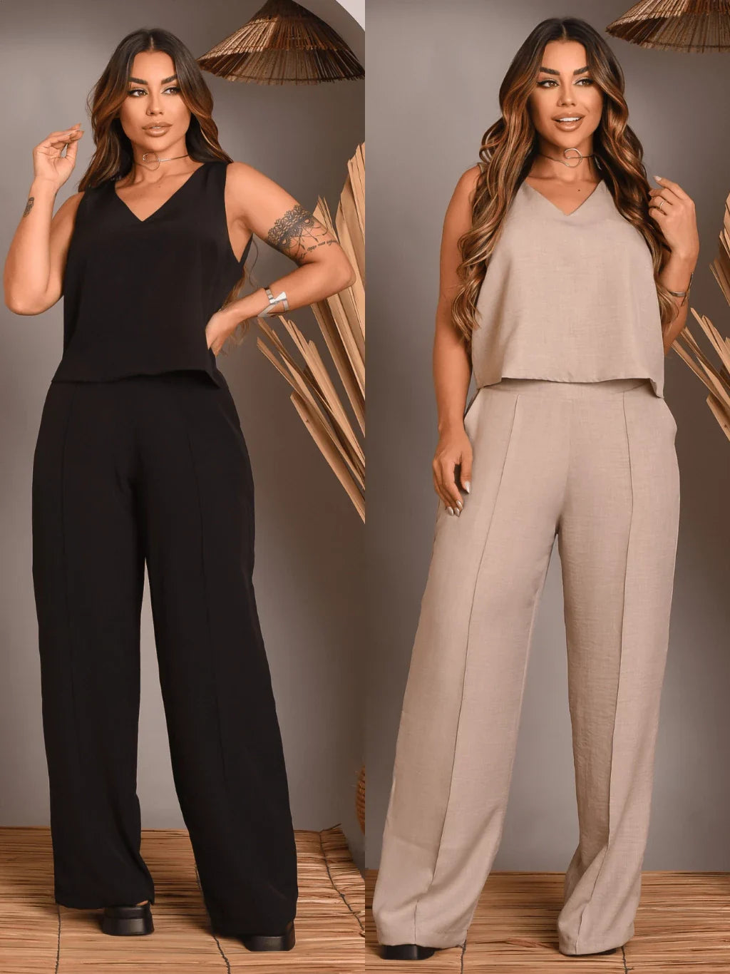 Kit 2 Conjunto Feminino Alfaiataria De Calça Pantalona E Blusa Regata Social Básica Verão Soltinho