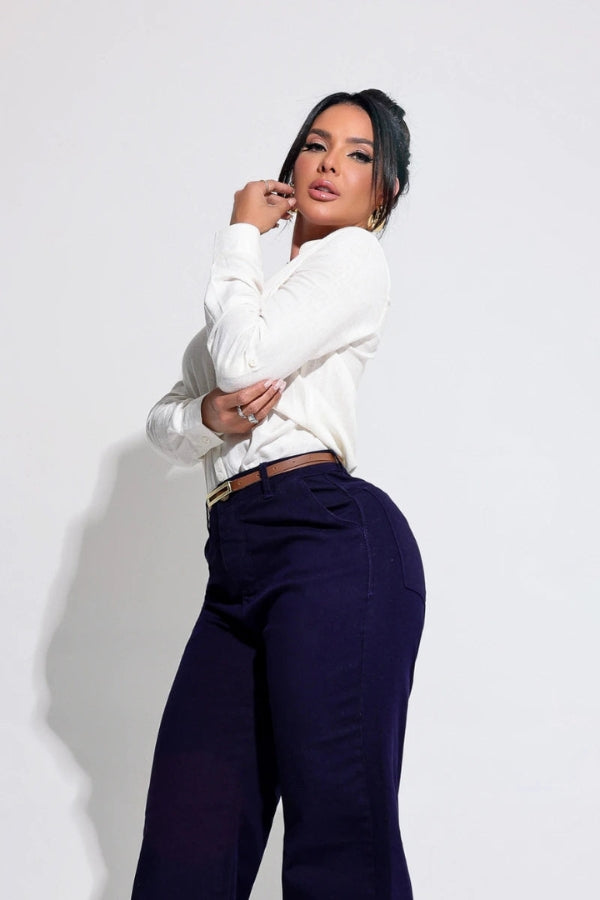 Calça Wide Leg com Cinto Azul Magnífica