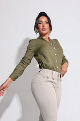 Calça Jeans Feminina Modeladora Nude Detalhe Barra