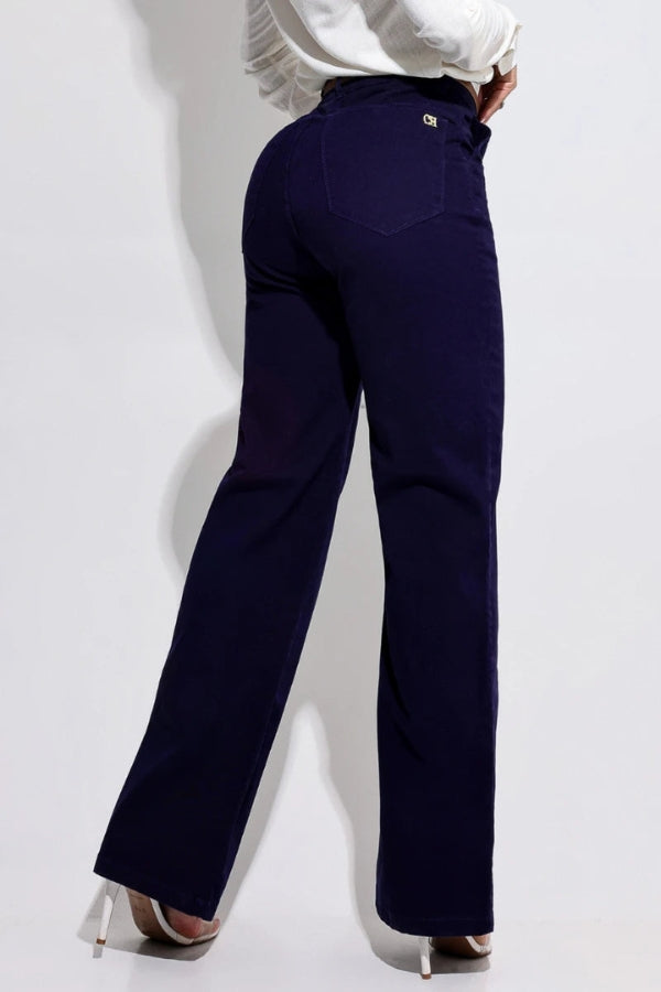 Calça Wide Leg com Cinto Azul Magnífica