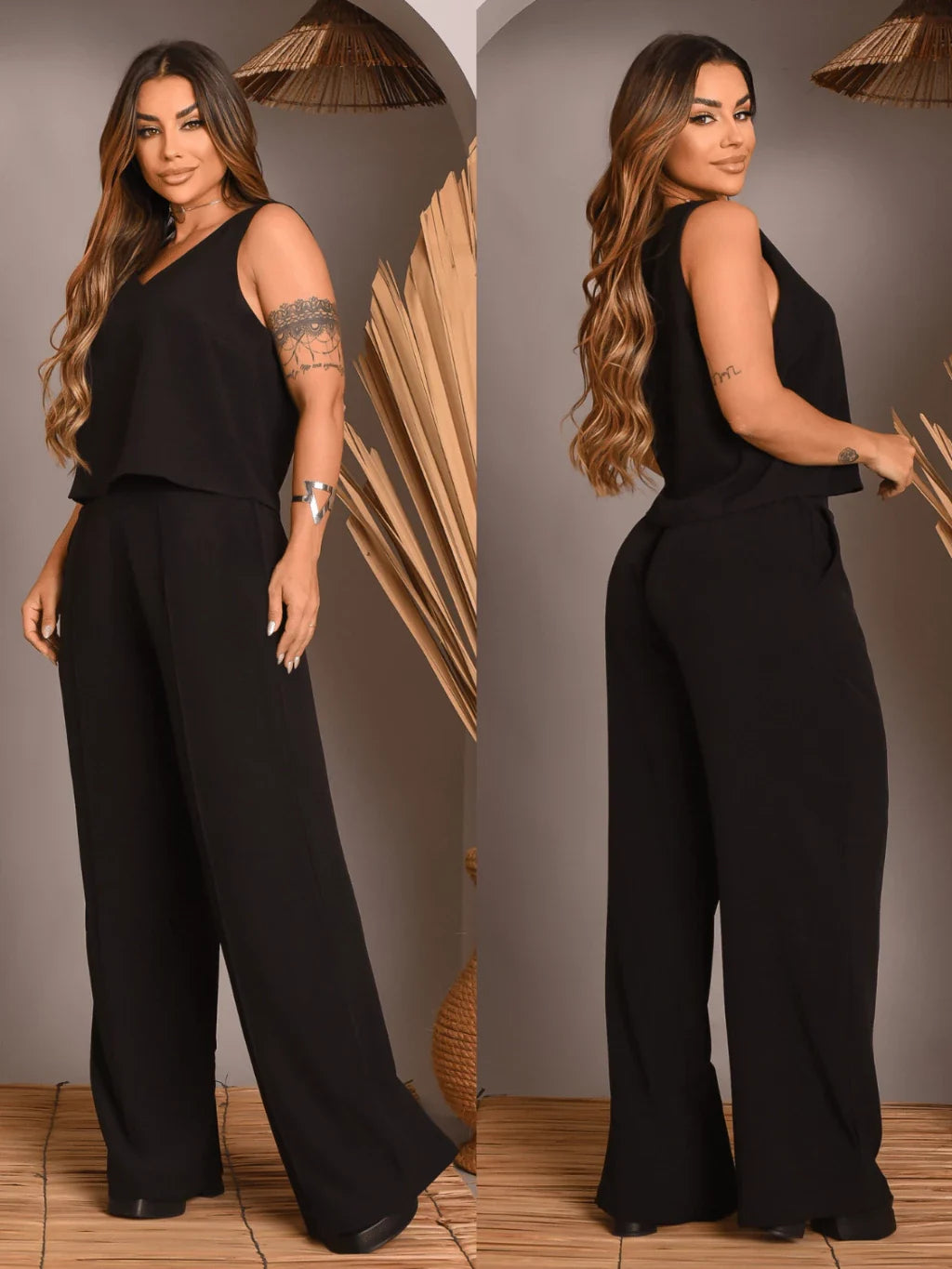 Kit 2 Conjunto Feminino Alfaiataria De Calça Pantalona E Blusa  Regata Social Básica Verão Soltinho